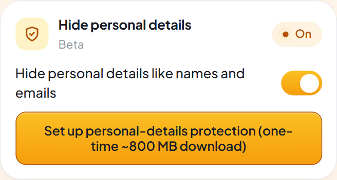 Sunda Cloak's Hide personal details protection, which is now built in and on by default — no switch to flip and no setup button to click.
