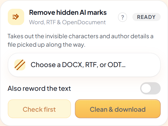 The Remove hidden AI marks card in the Sunda Cloak popup: a file picker reading Choose a DOCX, RTF, or ODT, a switch labelled Also reword the text, and two buttons — Check first and Clean and download.