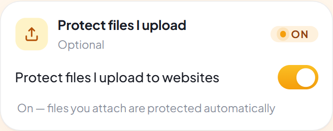 The new upload protection card in the Sunda Cloak popup: a switch labeled Protect files I upload to websites turned on, with a list of approved websites, an Add site button, and a status reading On — protecting uploads on your approved sites.