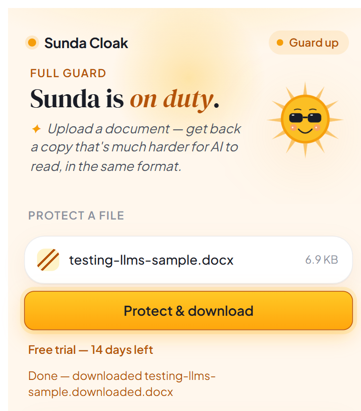 The popup after protecting, showing a Done — downloaded testing-llms-sample.downloaded.docx confirmation message.