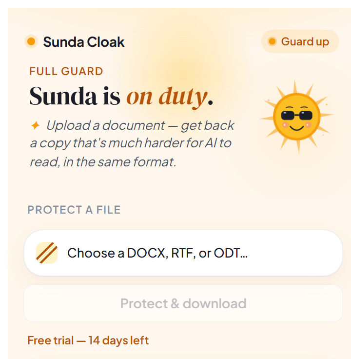 The Sunda Cloak popup open and ready: the smiling sunglasses sun mascot above a Sunda is on duty greeting, a Protect a file picker, and a 14-day free trial notice.