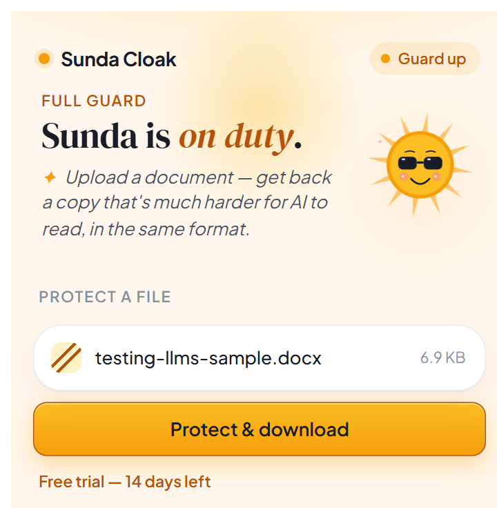The same popup with a file chosen: testing-llms-sample.docx at 6.9 KB is selected and the amber Protect and download button is now enabled.