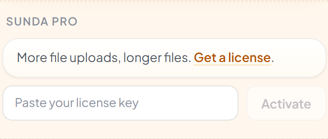 The Sunda Pro row inside the popup, with a Get a license link, a license-key input field, and an Activate button.